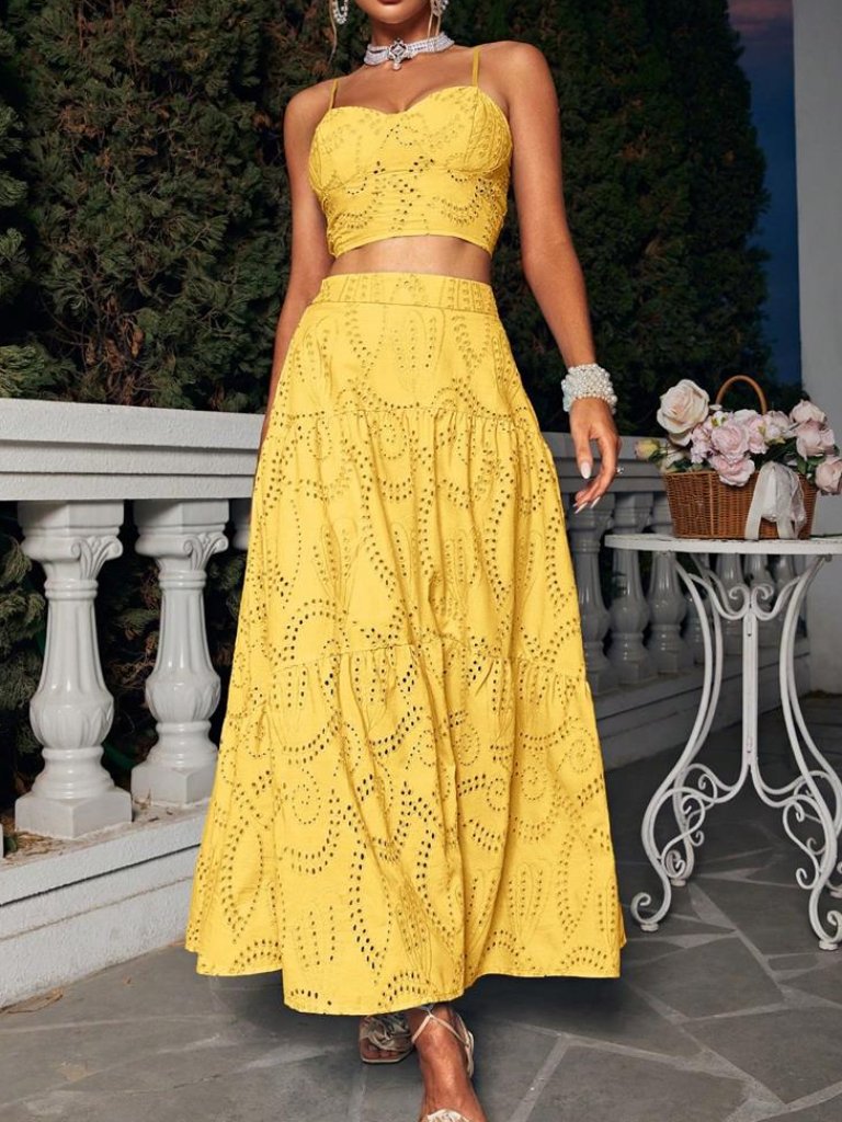 New Elegant Women’s Yellow Eyelet Cami Crop Top & Tiered Maxi Skirt 2-Piece Set